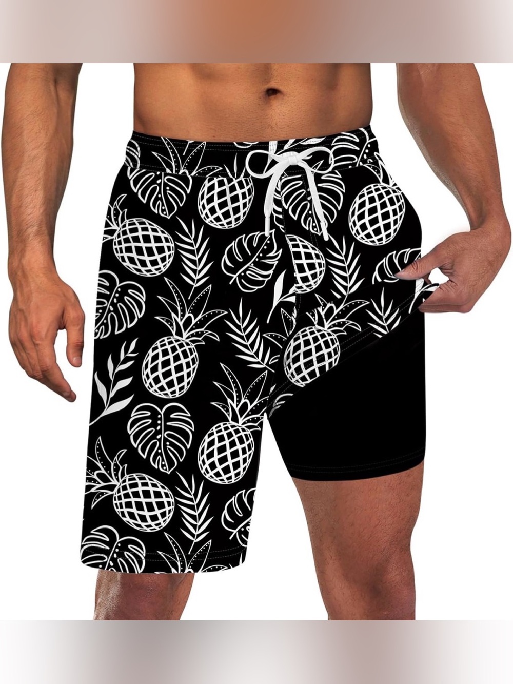 NWT Men's Swim Trunks CompressionLiner 9" Board Shorts Size Large Black/White